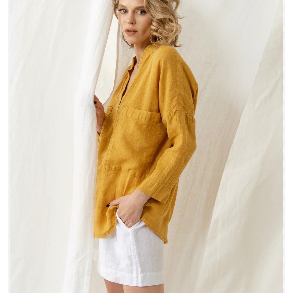 Sauths 100% Linen Oversized Blouse Ochre Yellow V-Neck Pocket Top 2XL Lagenlook